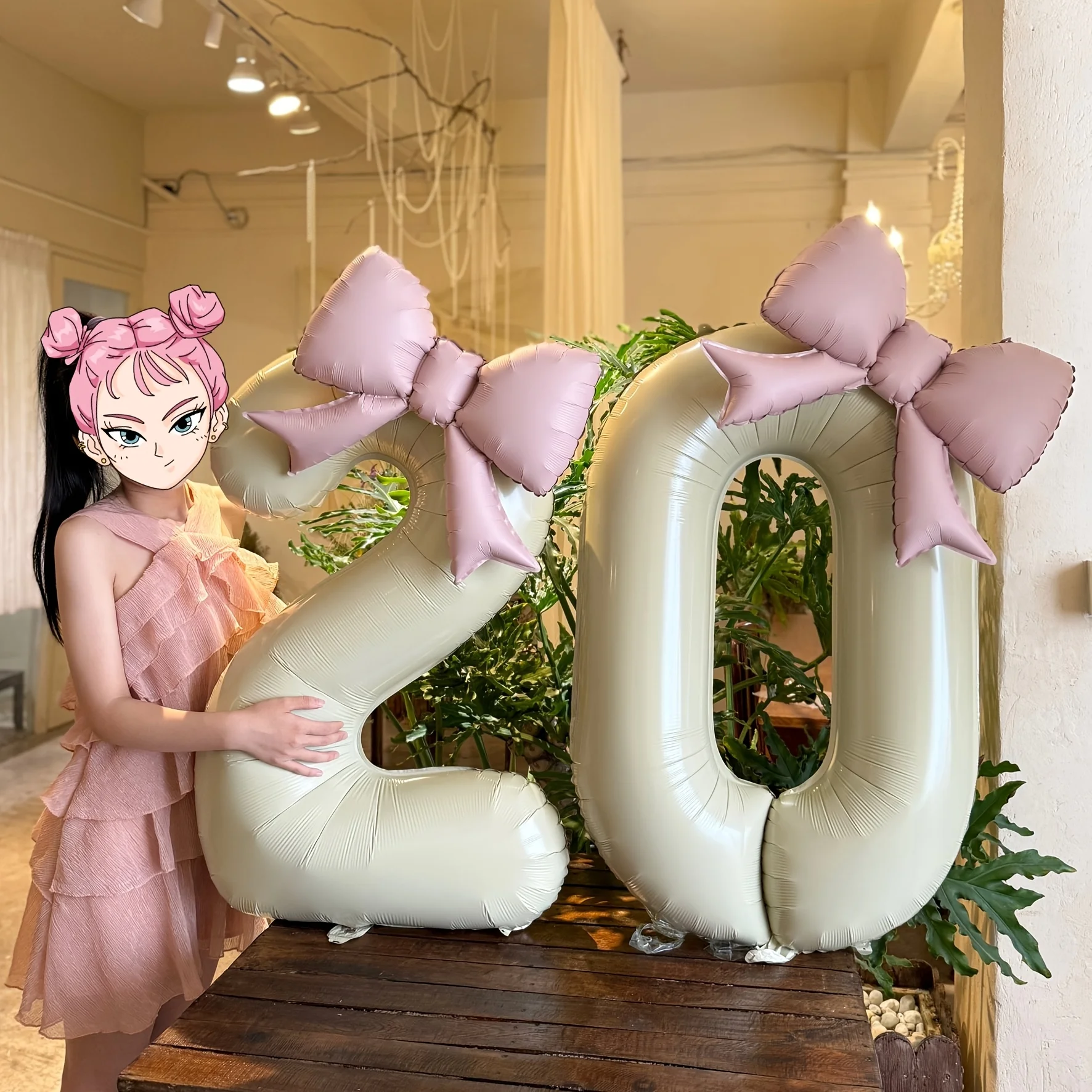 2 pcs/set 32inch cream digital with pink bow aluminum foil balloons suitable for decorating outdoor party scenes for birthdays