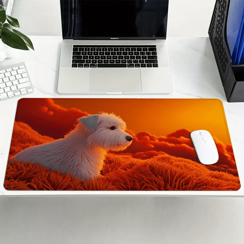 Tapis de souris extra-large au design artistique pour chien – Base en caoutchouc souple antidérapant, paysage rouge et orange vibrant avec chien blanc, 88,9 x 40,64