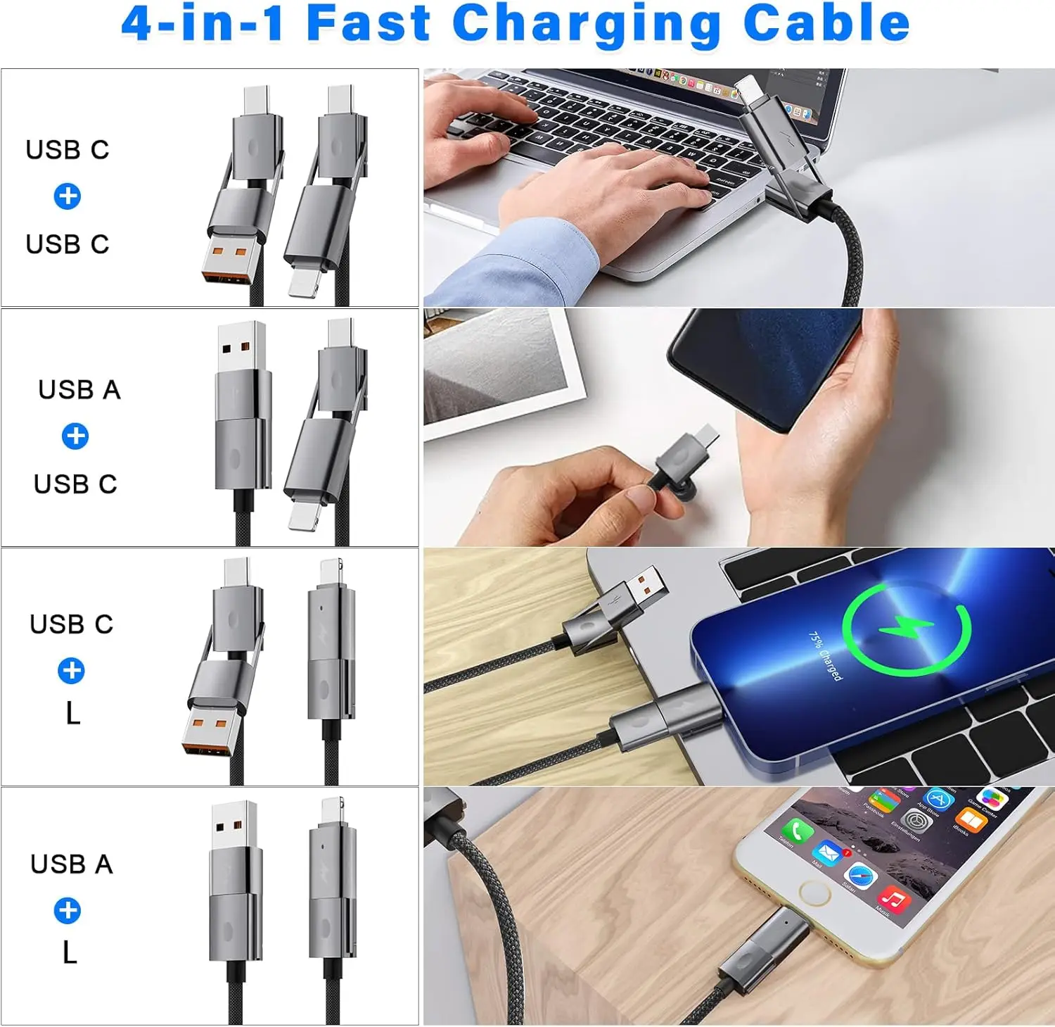 

Кабель для передачи данных USB C 4-в-1, [обновленный] Многоканальный кабель для быстрой зарядки, PD 65 Вт, 27 Вт, 6 футов + 3 фута, круглая оплетка, совместимость с iPhone