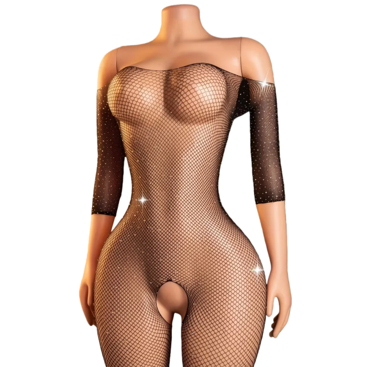 

Hot Sexy Crotchless Lingerie Women Fishnet Body Stockings Rhinestone Bodysuit Erotic Costumes Long Sleeve Off Shoulder Babydoll