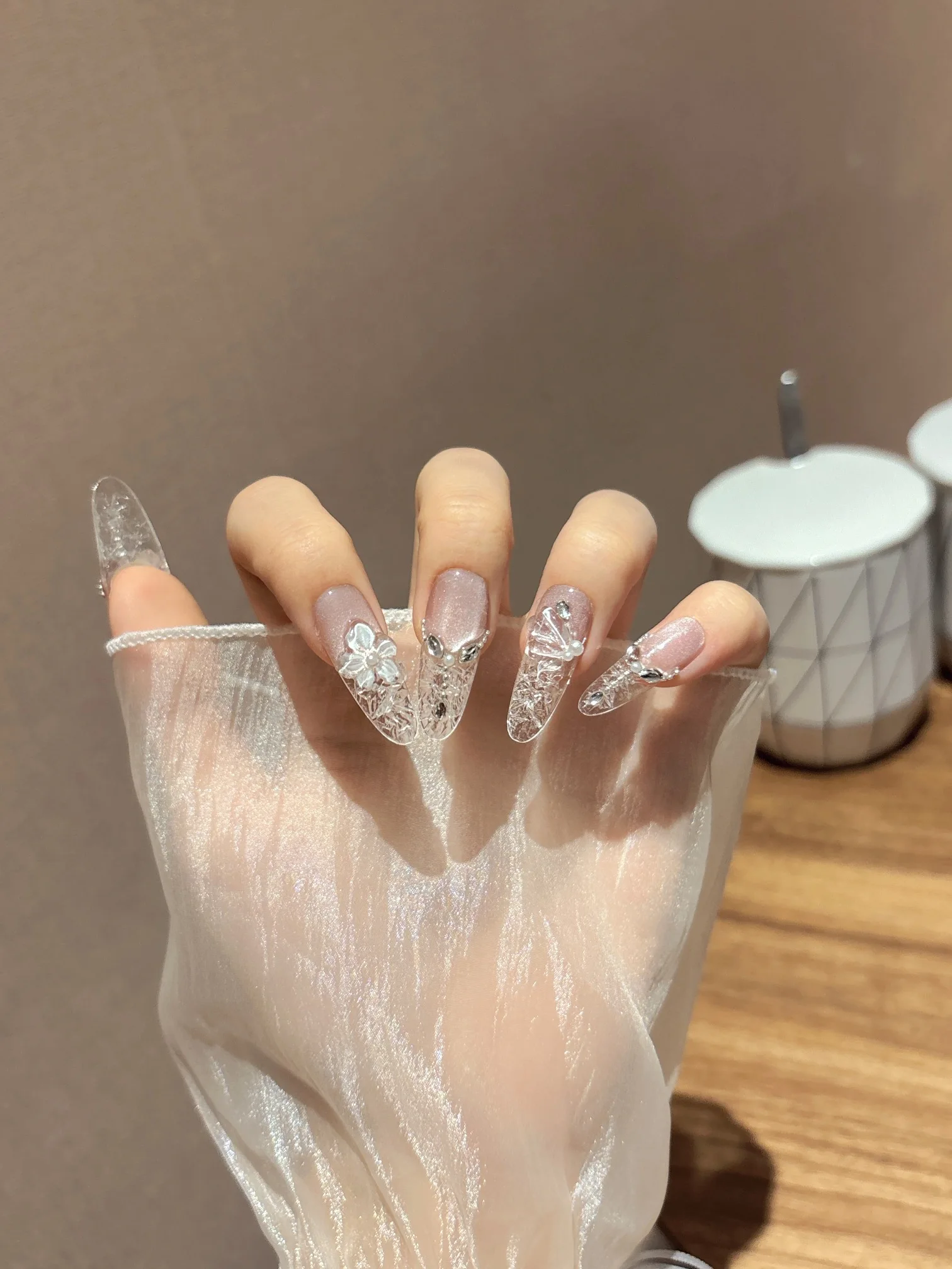 

10Pcs Handmade Press On Nails Long Transparent Ice Cracks French Fake Nails Pink Full Cover Acrylic False Nail Tips Detachable