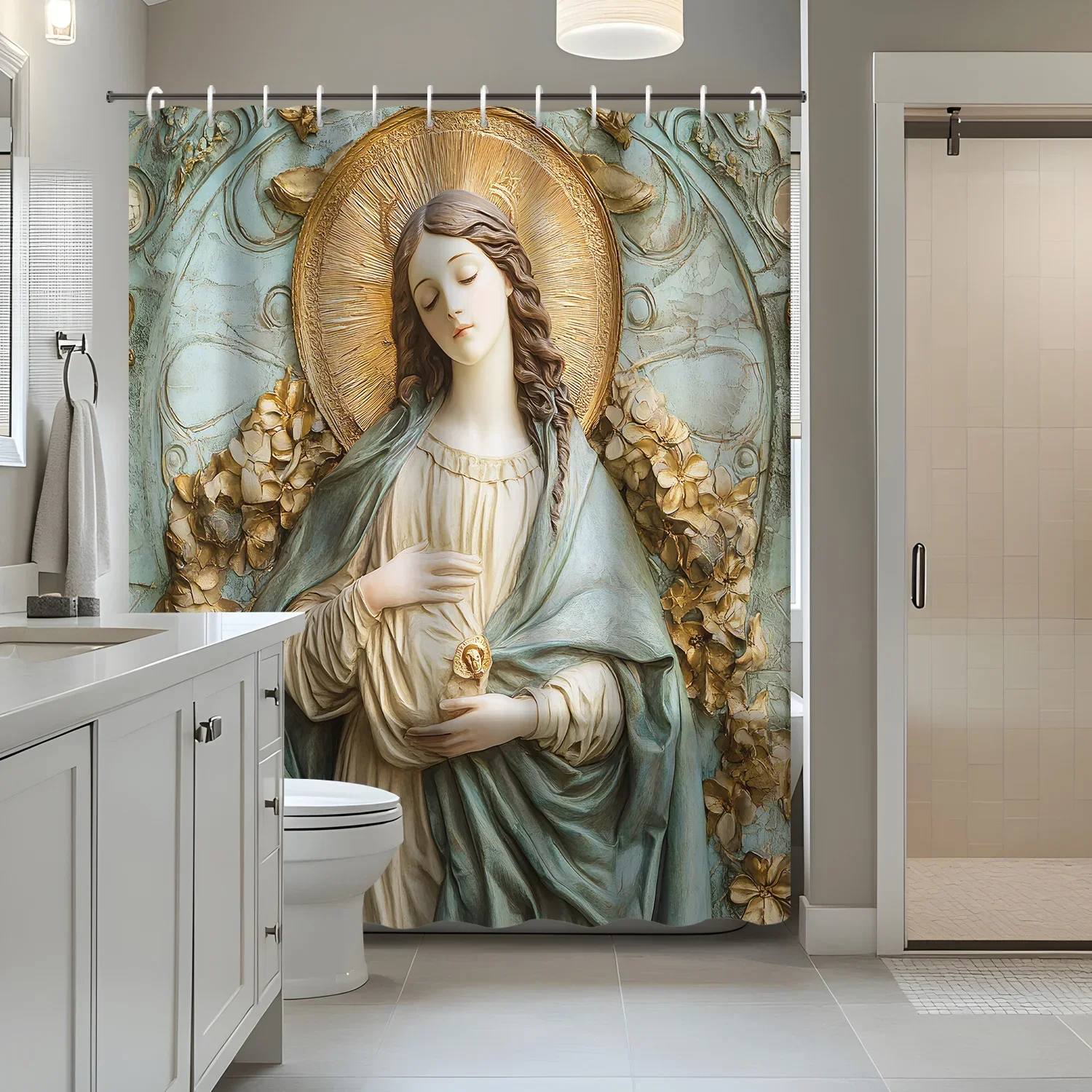 1pc Virgin Mary Shower Curtain Divider, 12 Hooks Shower Curtain, Bathroom Decoration 180x200cmVVV