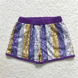 New Mardi Gras Fashion Baby Girls Purple Gold And White Striped Sequined Shorts Wholesale Boutique Children Long Pants