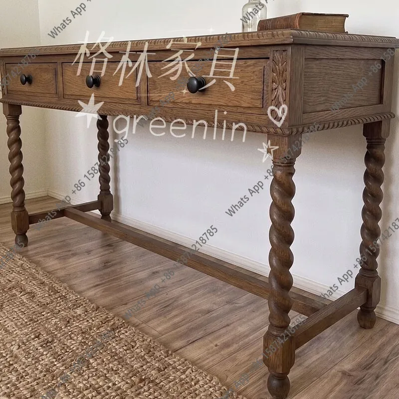 Mn American Retro Twisted Column Solid Wood Porch Table Desk French Country Oak Old Writing Desk