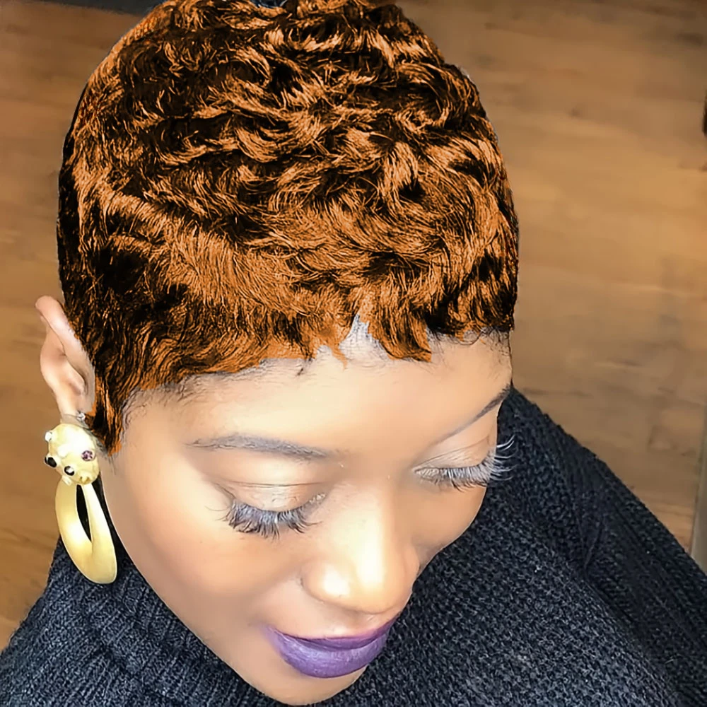 密度150% 4インチ ピクシーカット カールウェーブ 人毛ウィッグ 女性用 フルマシンメイド ウィッグ デイリーユース パーティー用