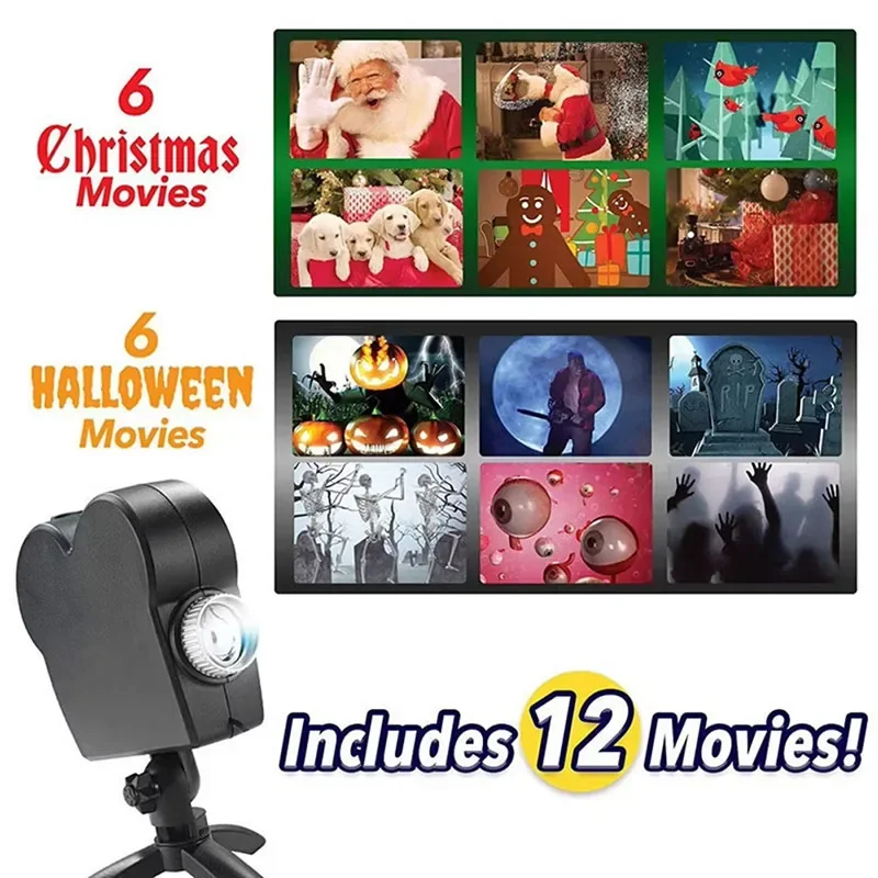 Christmas Halloween Projector Window Pumpkin Ghost Projection Built-in 12 Movies Lamp Lights with Tripod Festival Party Decor