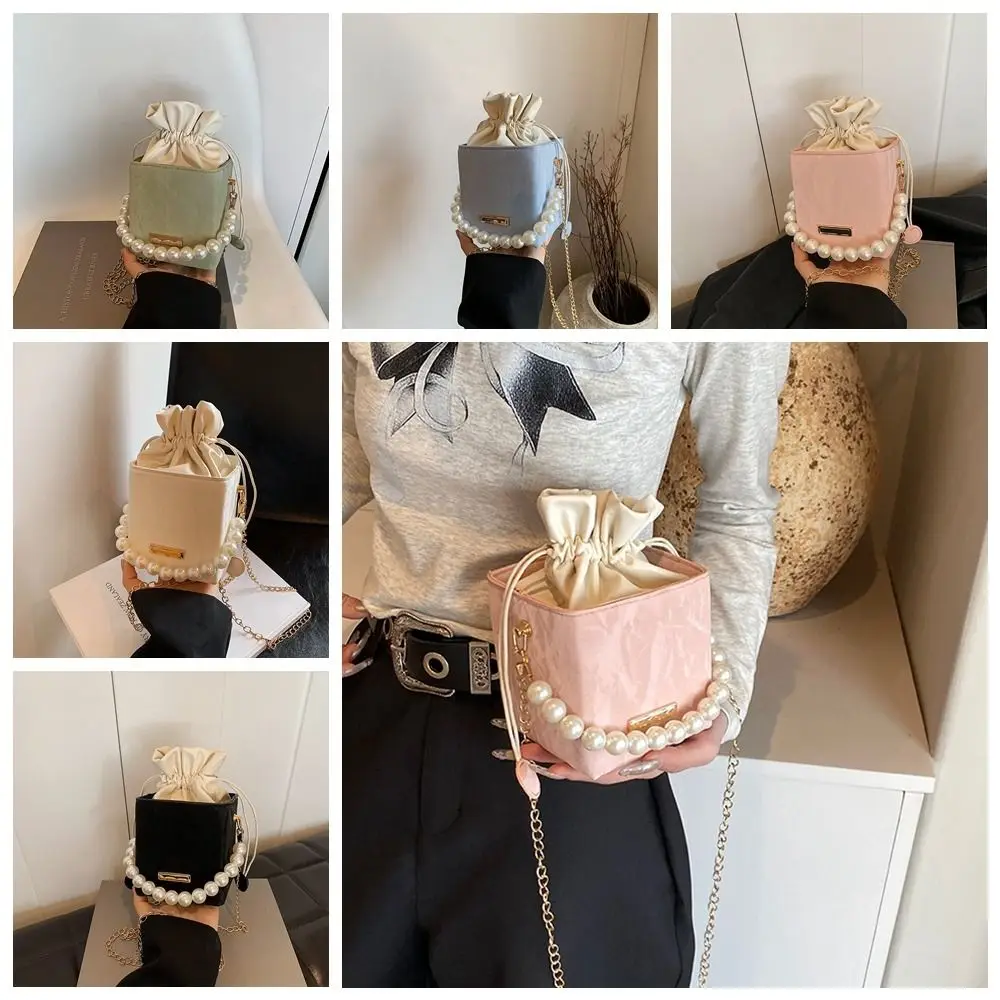

Retro Pu Leather Women Bucket Bag Square Pearl Drawstring Crossbody Bag Vintage Chain Strap Luxury Shoulder Bag Outdoor