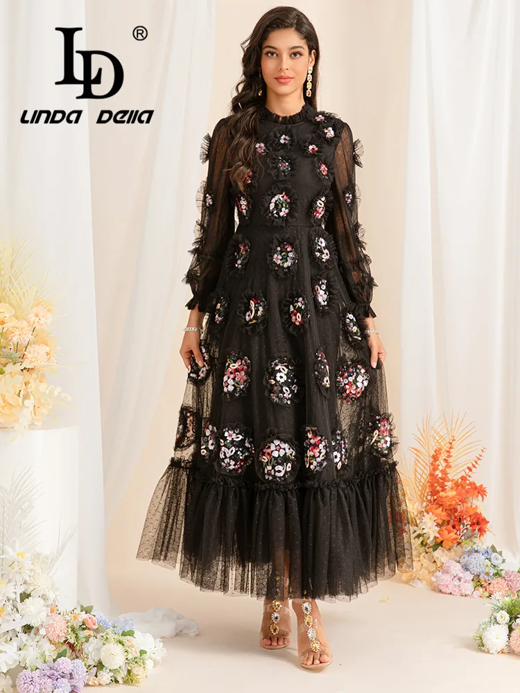 LD LINDA DELLA 2024 New Autumn Heavy Nail Diamond Sequin Lace Splicing Crewneck Long Sleeve Temperament Long Dress