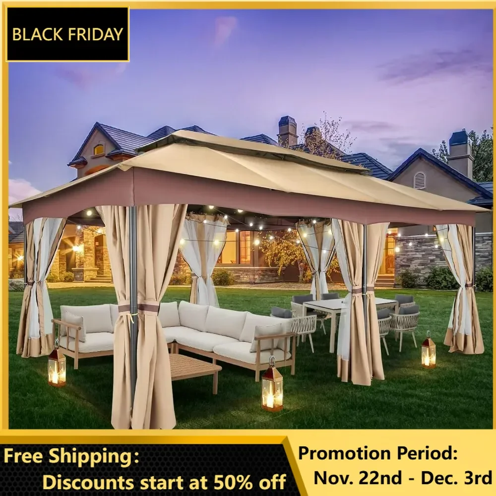 Gazebo 12x20, Outdoor Gazebo on Clearance with Double Ventilated Flat Roof, Privacy Curtains & Mosquito Netting, Canopy Tent