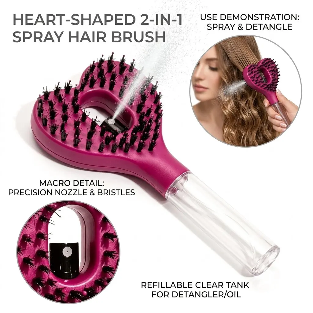 Cute Mist Hairbrush Heart Shape Refillable Water Spray Detangler Portable Liquid Dispenser Beauty Massage Comb Scalp Styler