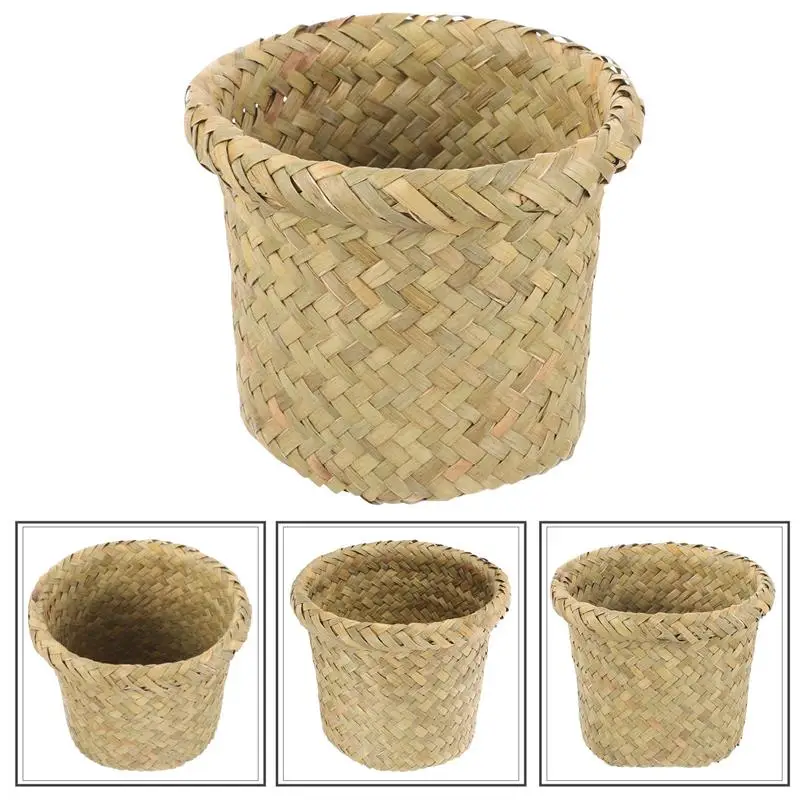 Wicker Trash Can Rattan Waste Basket Small Round Garbage Bin Seagrass Woven Basket Plant Flower Pot Rubbish Recycling Bin NEW