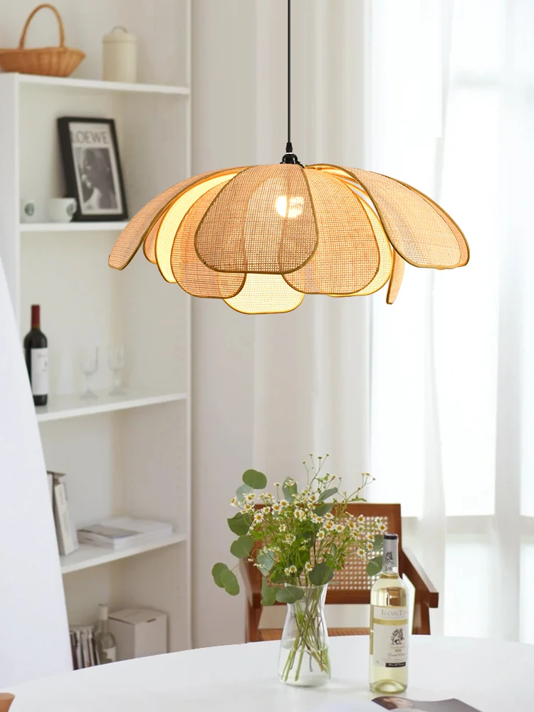 Retro Rural Hand-woven Natural Rattan Petal Chandelier Japanese-Southeast Asian Dining Room Bedroom Chandelier Artistic Atmosp image 2