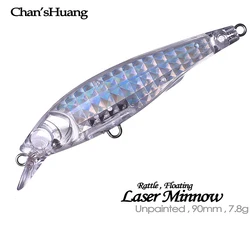 Chan’sHuang 20PCS Unpainted Blank Holographic Bait 9cm 7.8g Floating Rattle Laser Minnow DIY Artificial Fishing Lure