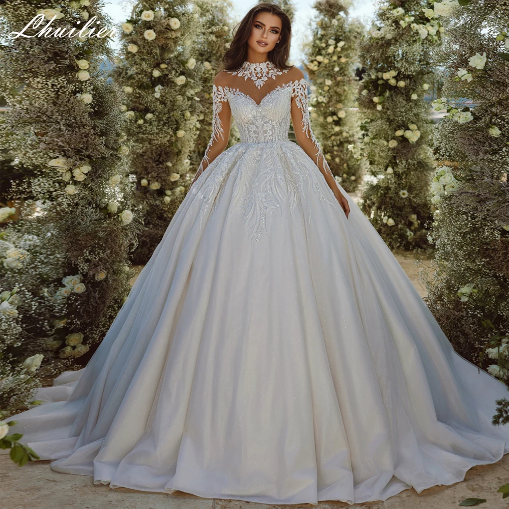 

Lhuilier Customized Ball Gown O Neck Tulle Wedding Dresses Full Sleeves Beaded Lace Bridal Gown with Chapel Train