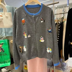 Women's Clothing New Fashion Cartoon Embroidery Gray Knitted Cardigan Autumn Winter Slim O-neck Casual Thin Soft Wool Sweaters