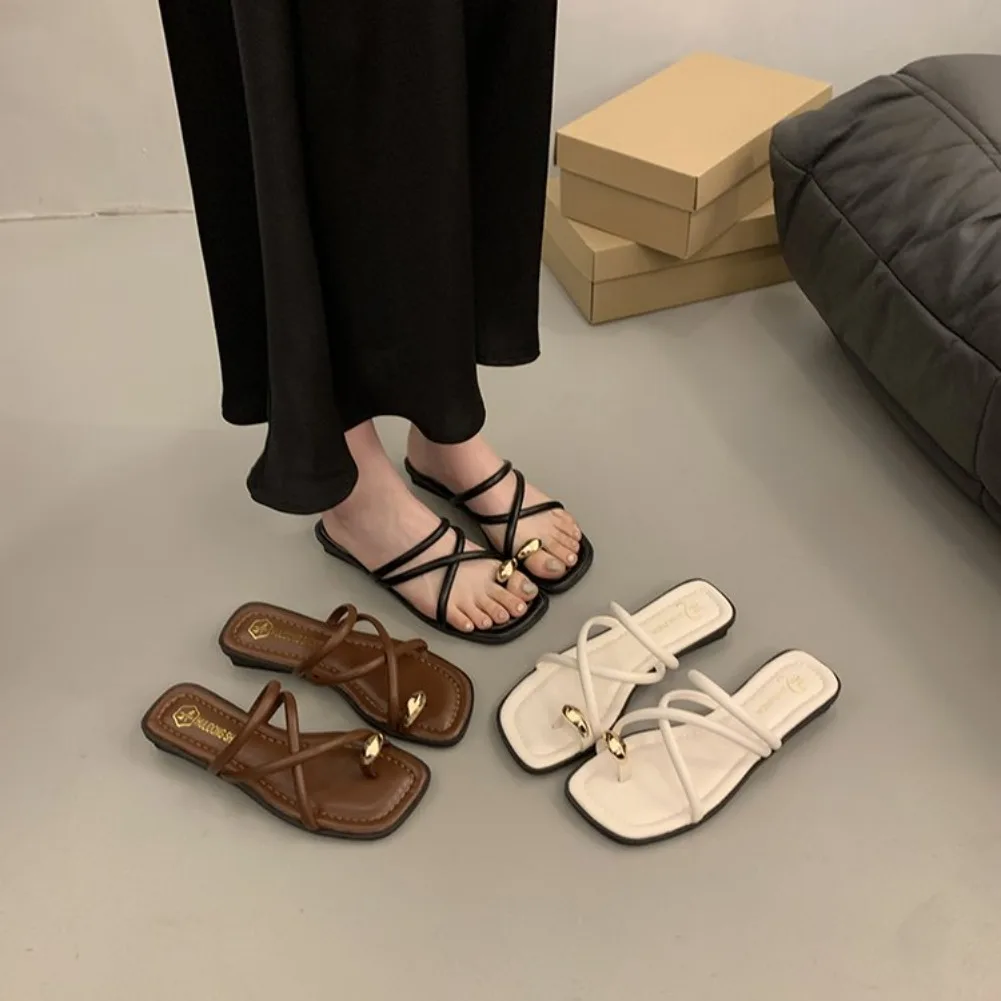 Stylische Damen-Sandalen mit Kreuzriemen, bequeme, leichte Zehenriemen-Strandschuhe mit lässigem, einfarbigem Design für den Sommer – Detail 15