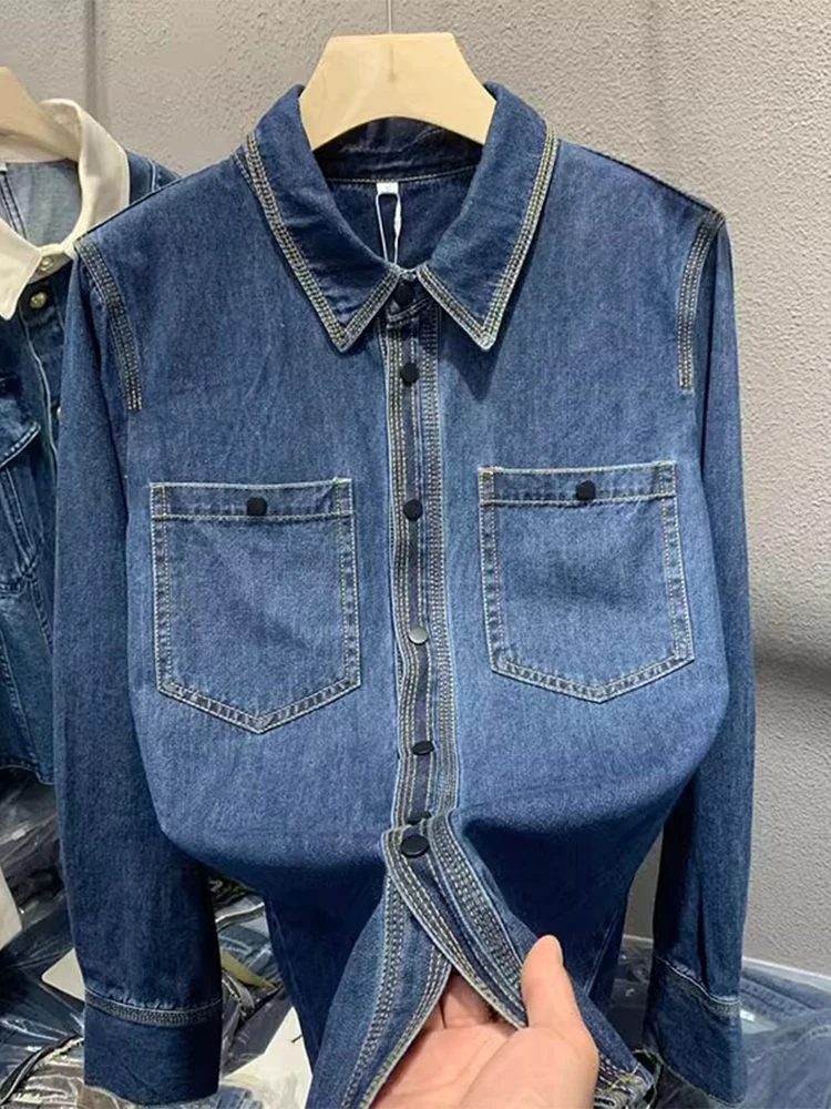 

Стильная женская джинсовая рубашка с длинным рукавом, базовая рубашка-поддевка, модная корейская модель для весны, осени и зимы, в стиле кэжуал.