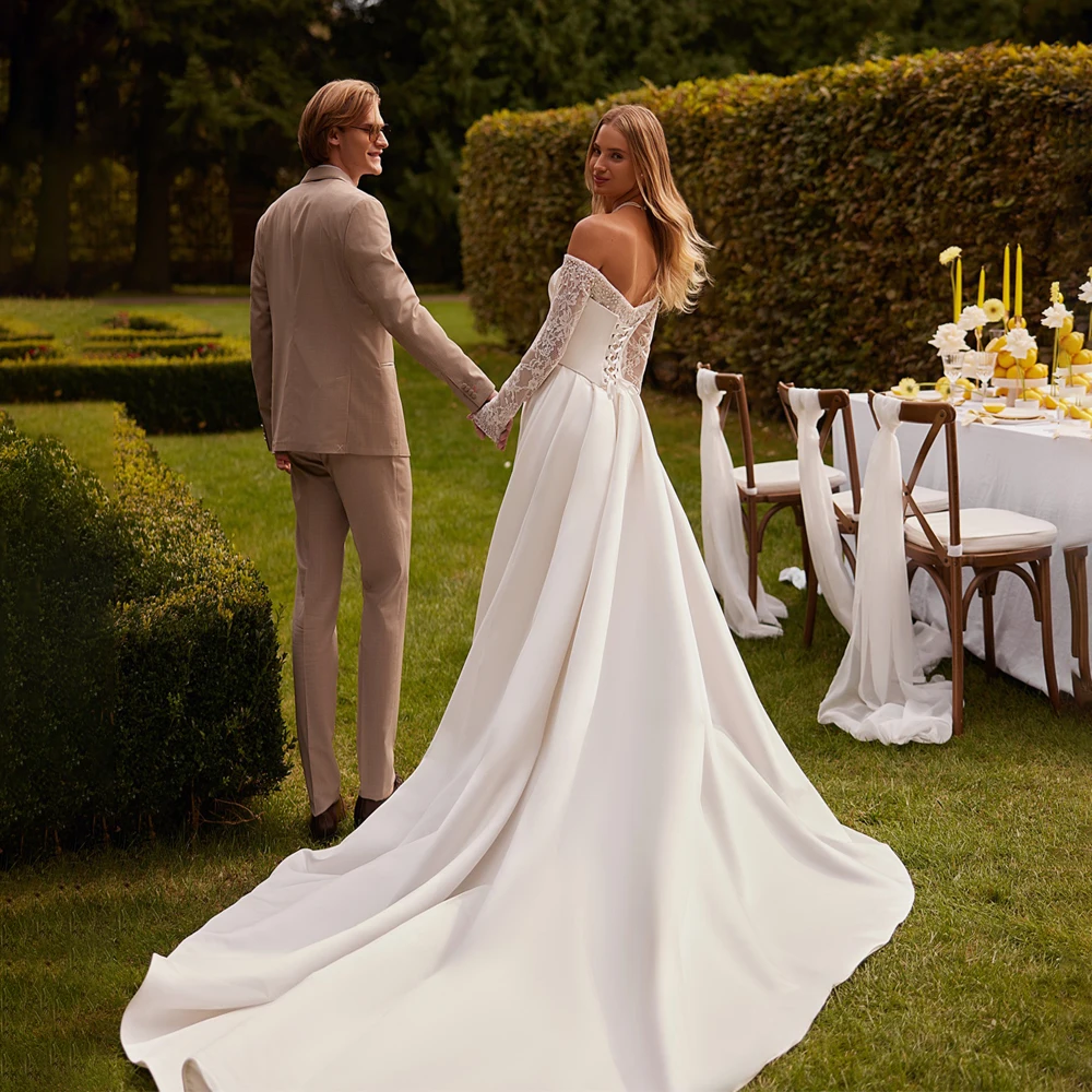 

Свадебные платья принцессы трапециевидной формы по индивидуальному заказу 2026 для невесты с открытыми плечами и кружевными рукавами 3/4, женское бальное свадебное платье robe de mariée