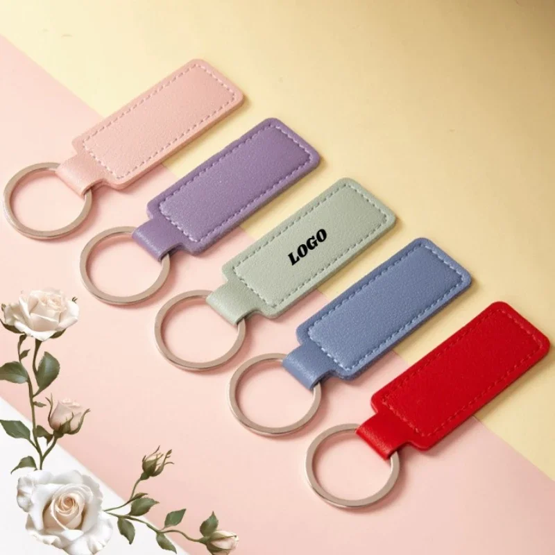 Custom Name Logo Rectangle PU Leather Keychain Laser Personalized Room Number Keyring Gift Bag for Her Cute Key Chain Ring