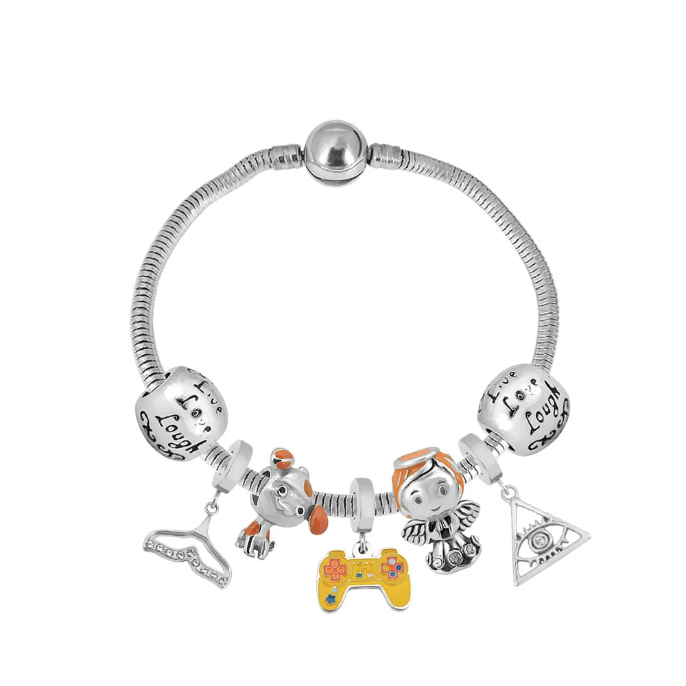 

Pulseras Round Buckle Bracelet Stainless Steel Original Charm Four Leaf Grass Game Console Handle Pendant Pandoraer bracelet