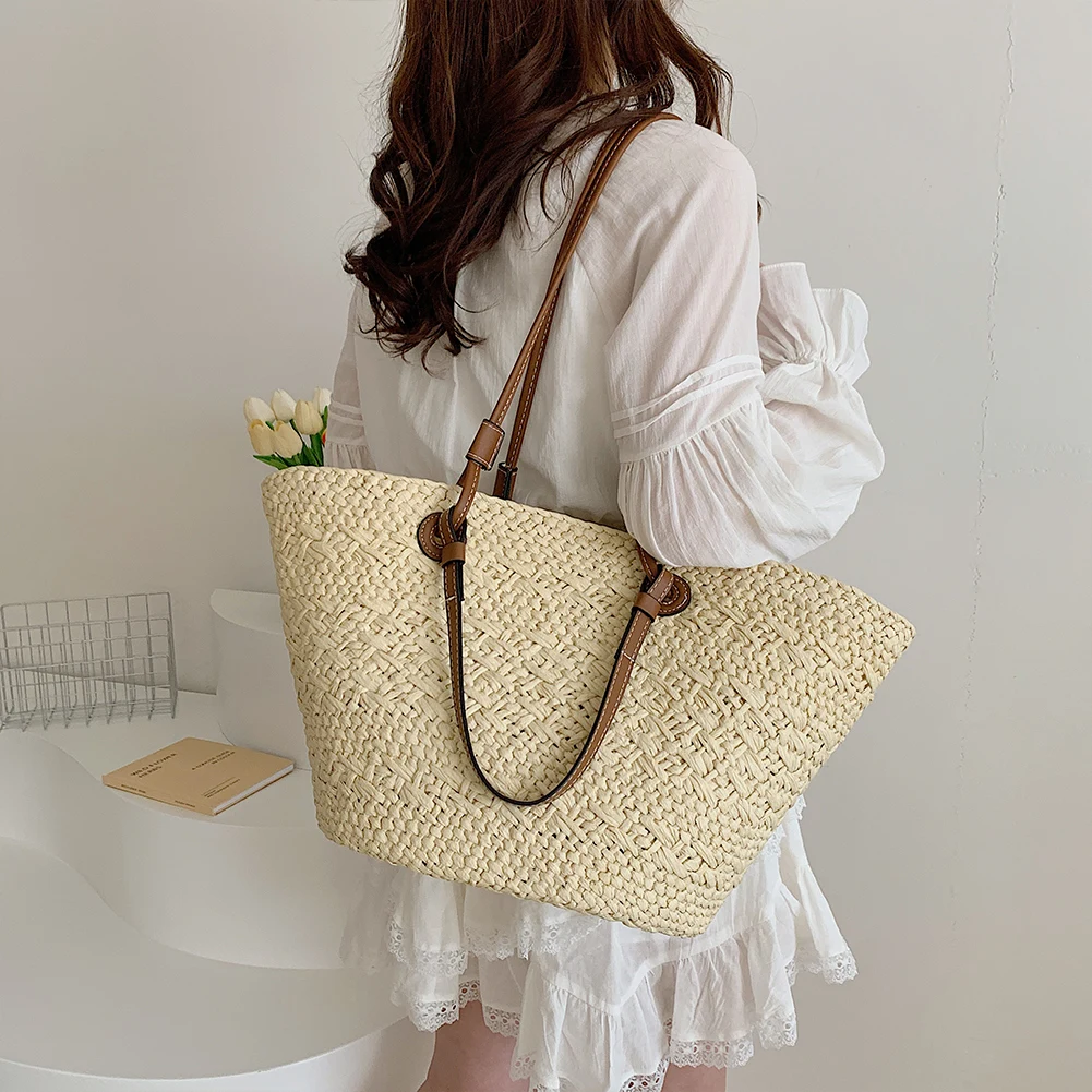 Summer Straw Weaving Tote Bag Women\'s Beach Bags Large Capacity Braiding Shoulder Bag Ladies Handmade Woven Underarm Bag Handbag