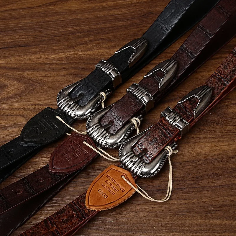 2.4CM Pure Cowhide High Quality Genuine Leather Thin Belts for Women Fashion Trend Fancy Vintage Jeans Cowboy Needle Buckle Belt