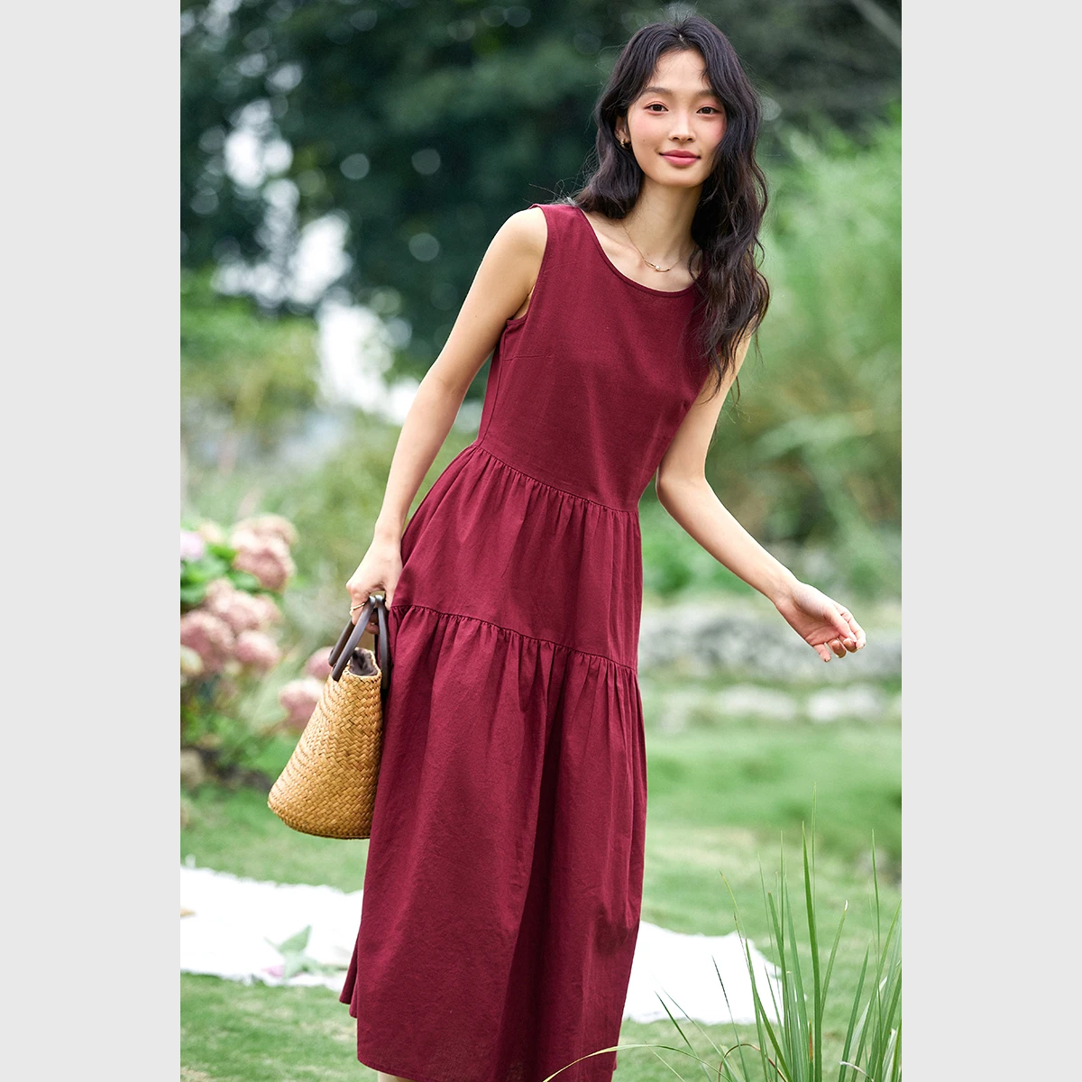VIMLY 여성 통근 드레스 2025 여름 단순 캐주얼 민소매 o 넥 패치 워크 드레스 우아한 세련된 파티 저녁 롱 드레스