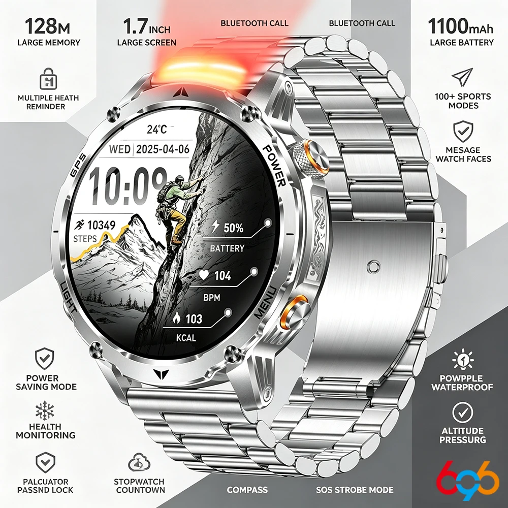 

Military Smart Watch Men Outdoor Flashlight Waterproof Heart Rate Health Smartwatch SOS 1100mAh Battery BT Call Sports Bracelets