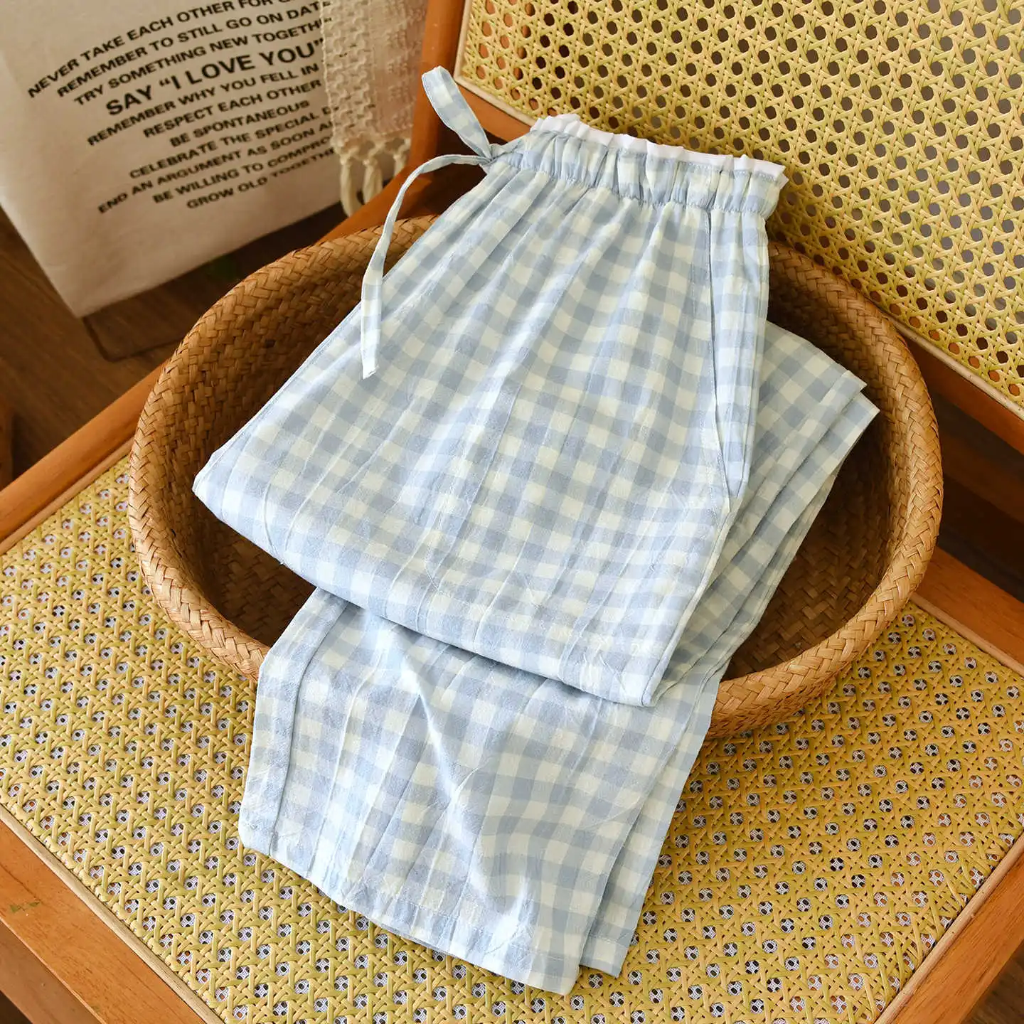 2026 New Women's Sleepwear 100% Cotton Gauze Lace Checkered Pants Japanese Minimalist Home Pants Bottoms Womens Sleepwear