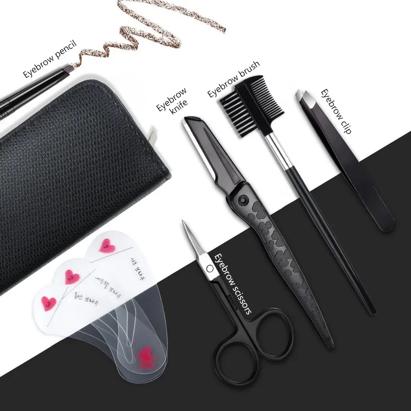 5pcs/set Men's Eyebrow Set Grooming Kit For BeginnersWith PU Leather Case Include Eyebrow Pencil Razors Scissors Combs Tweezers