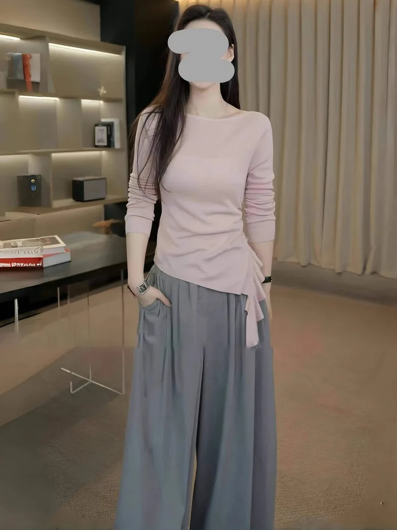 Top de punto rosa de manga larga con dobladillo lateral para mujer, top irregular plisado con abertura, estilo coreano, para ir al trabajo, ajuste ceñido, camiseta de moda.