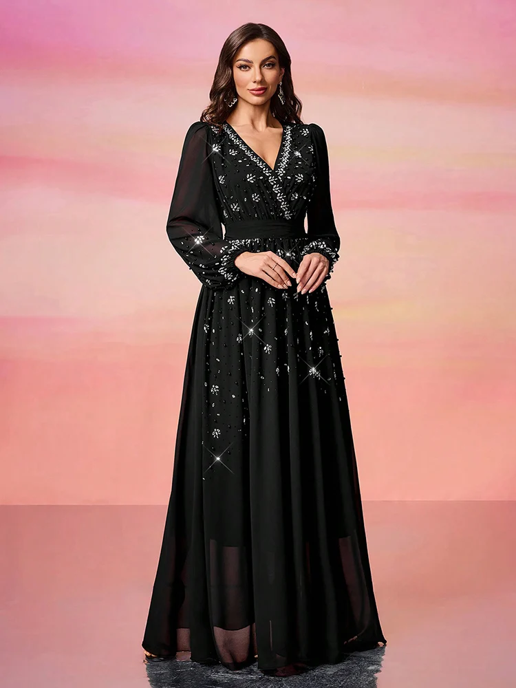 TOLEEN 2024 Women\'s V-Neck Solid Color Luxury Elegant Bubble Pearl Embellished Minimalist Casual Formal Long Sleeve Maxi Dresses
