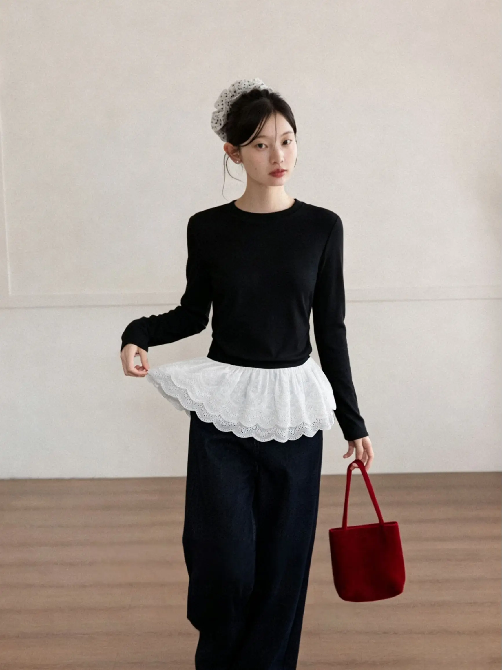 Long Sleeve 95 Cotton Lace Hem T-Shirt Women's plus Size Inner Wear Layering Top Bottom Shirt Spring Season