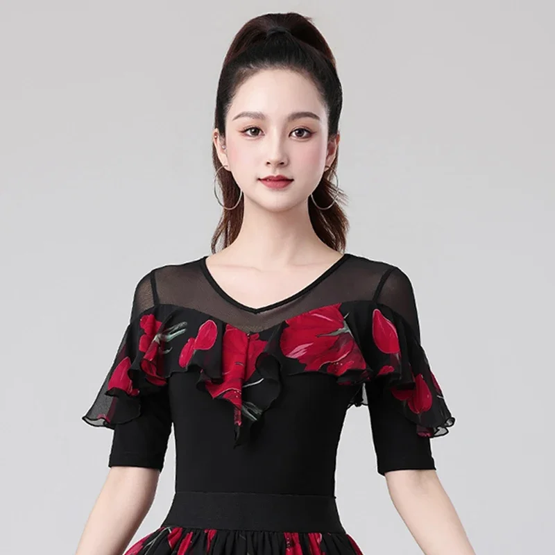 

Summer Ballroom Dance Clothing Woman Short Sleeve Tops Standard Waltz Dancer Costume Tango Dance Stage Performance Wear AMY117