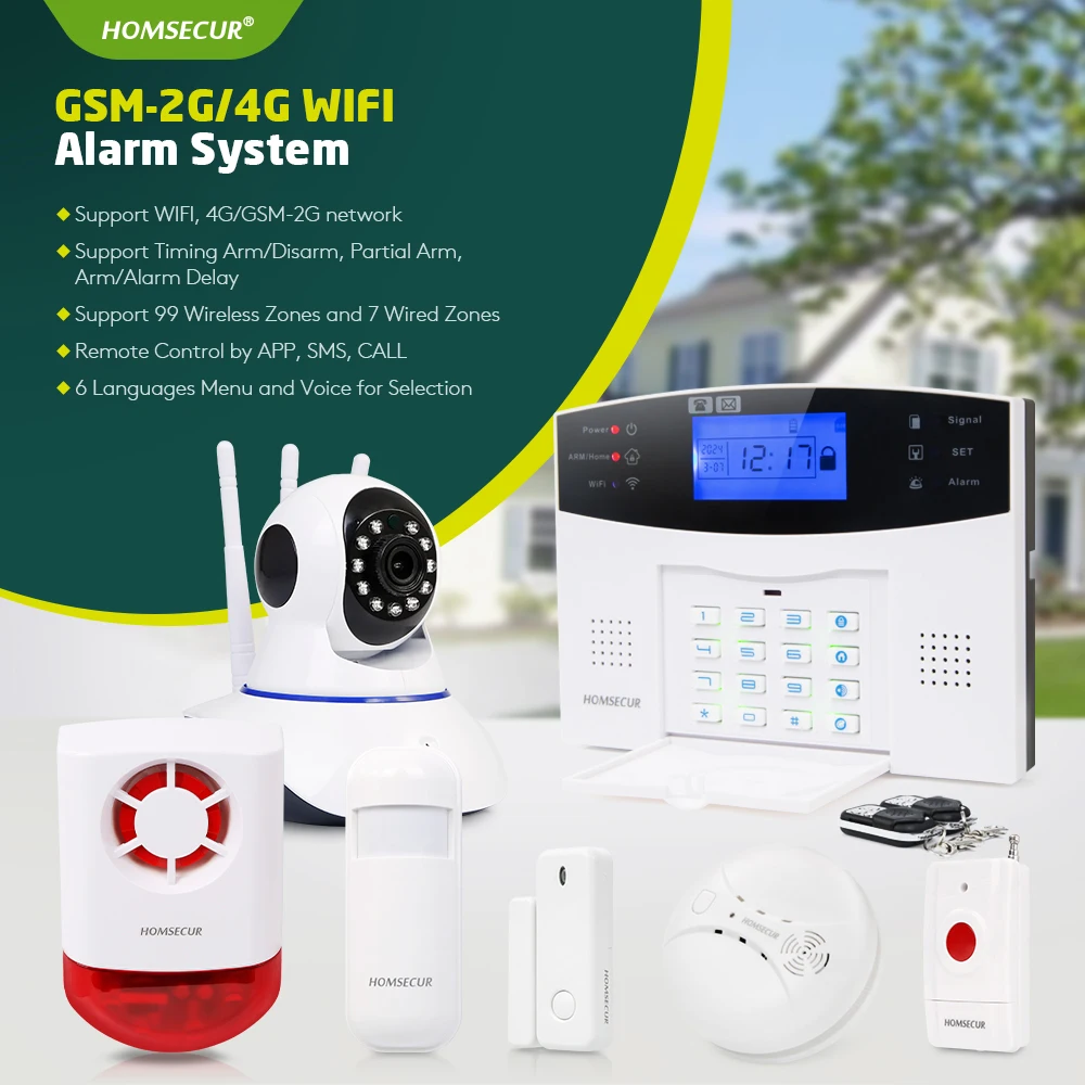 HOMSECUR APP Controlled Wireless &Wired WIFI 4G SMS Autodial Home Burglar Intruder Alarm System SOS Intercom 2 Remote Controls