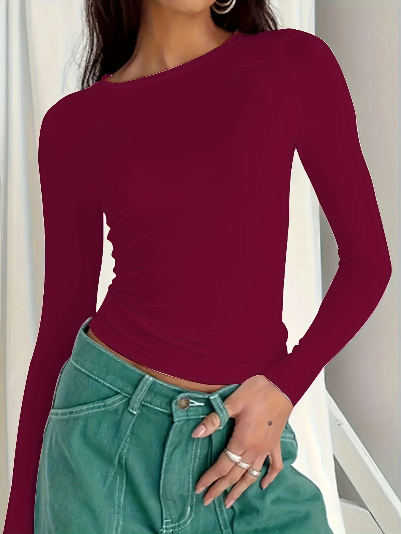 Damen-T-Shirt für Pendlerinnen, lässig, schlicht und modisch, einfarbig, mit langen Ärmeln – Detail 10