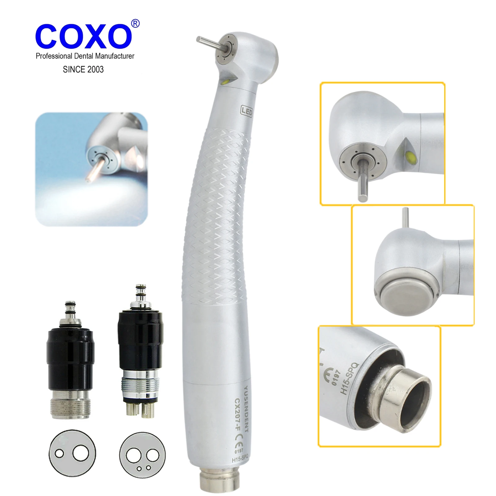 

Dental LED Self Power High Speed Turbine Handpiece Standard Head Push Button 3 Water Spray 2/4 Hole NSK Coupler CX207-F-H15-SPQ