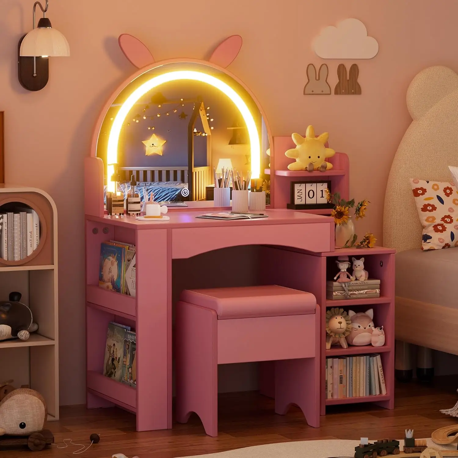 Kids Vanity, Little Girl Vanity with Lights and Storage Shelves, 2 in 1 Toddler Vanity with Mirror and Stool, Kids, Customized