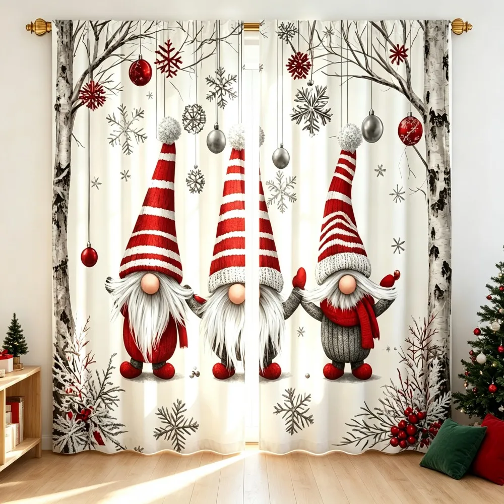 2PCS Christmas Winter Curtains, Birch Tree Gnome Christmas Ball Snowflake Winter, Digital Print, Bedroom Living Room, Home Decor