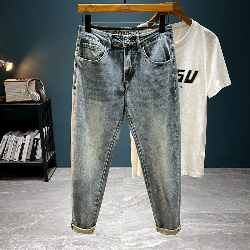 Cropped jeans men's summer2024new casual all-match fashion high-end Stretch Slim Fit Skinny printed pants