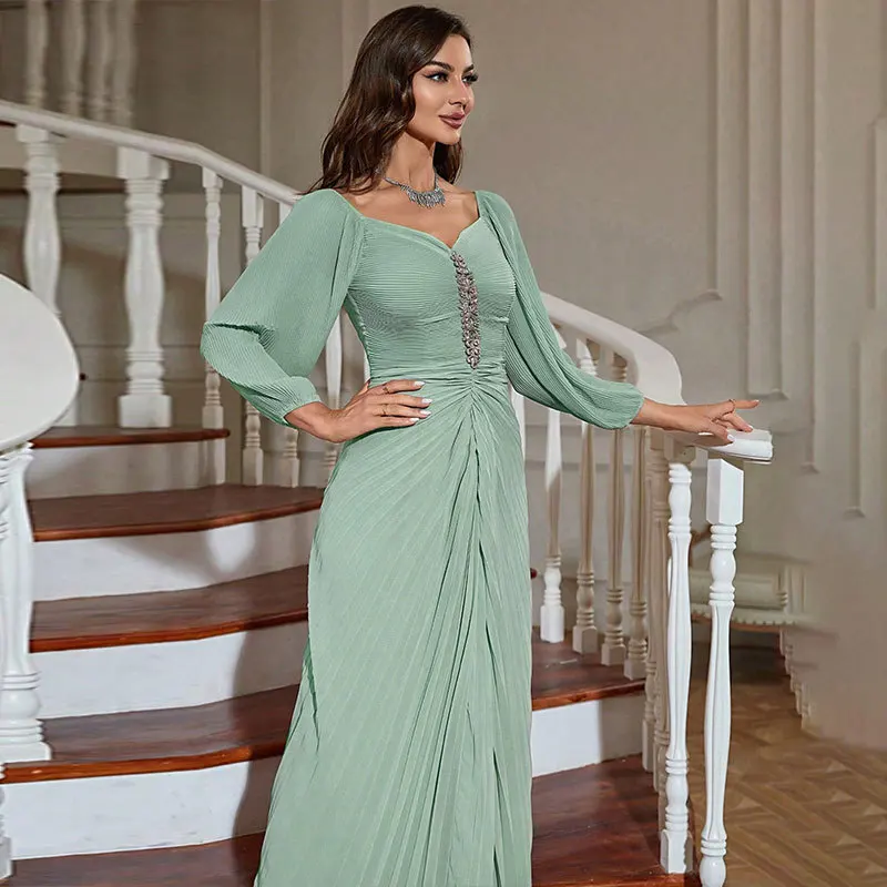 UNI Fashion Evening Dress Women Abaya Floor-Length Dresses Elegant Robe Bridal Dress Chiffon Lantern Sleeves Slim Beaded Dress