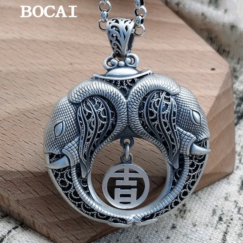 

BOCAI New S999 Sterling Silver Vintage Fashionable Hollowed Out Lace Auspicious Elephant Pendant Men's and Women's Gift