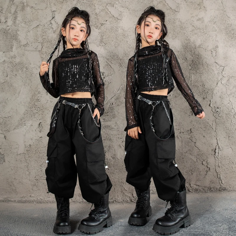 Black Jazz Dance Stage Suit Girls Kpop Hip Hop Performance Clothing Cool Kids Street Dance Outfit Hoodie Cargo Pants Autumn 1830