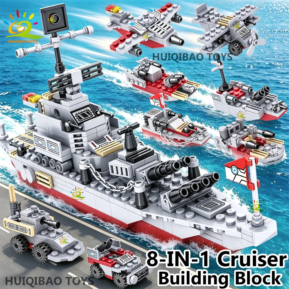 HUIIQBAO MOC 8 in 1 Military Cruiser Building Blocks Set Warship Fighter Tank Model Bricks DIY Construction Toy Gift for Adult