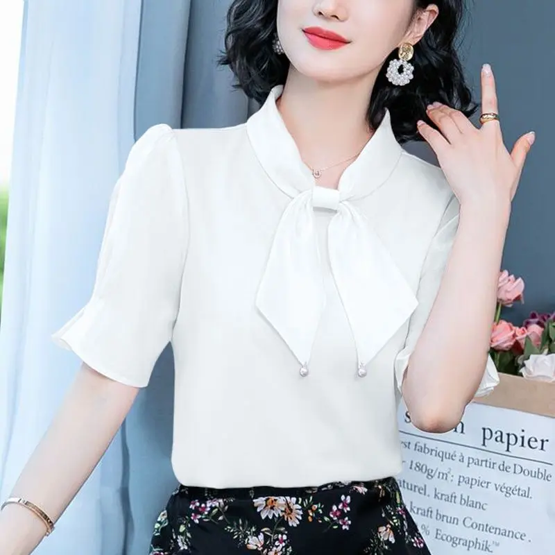 

Elegant Solid Color Loose Blouse Summer New Short Sleeve Bow Patchwork All-match Office Shirt Tops Fashion Vintage Women Clothes