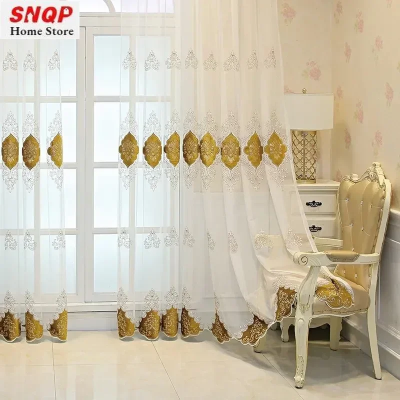 

Embroidered European Gold Luxury Tulle Curtains for Living Room Bedroom Dining Study Hall Classic Retro Vertically Decor 커튼