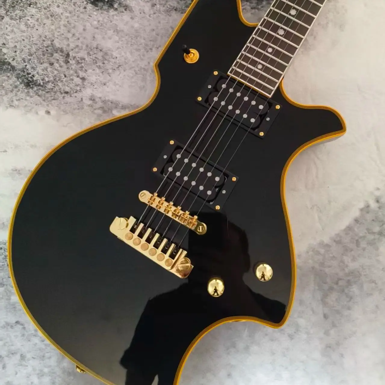 Unique Irregular Shape Solid Body Electric Guitar, Gloss Black Finish, Gold Multi-layer Binding, Dual Humbucker Pickups