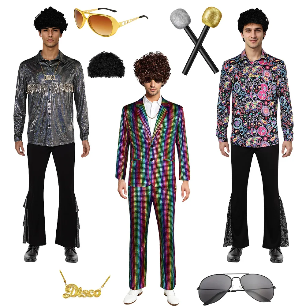 70er 80er 90er Jahre Disco Cosplay Retro Männer Kostüm Cashew Blume Hippie Uniform Hip Hop Kleidung Outfits Halloween Party Rollenspiel Anzug