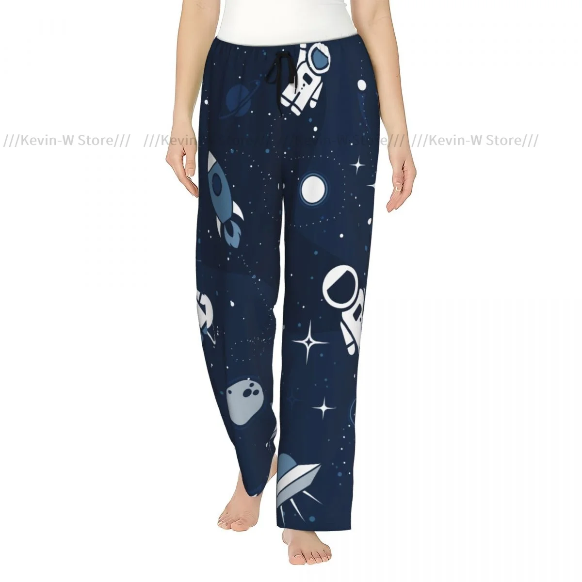 Pantalones de pijama de franela para mujer, pantalones de lana suave con bonito astronauta, nave espacial, cohete, Luna, agujero negro, estrellas, pantalones para dormir con cordón en la cintura