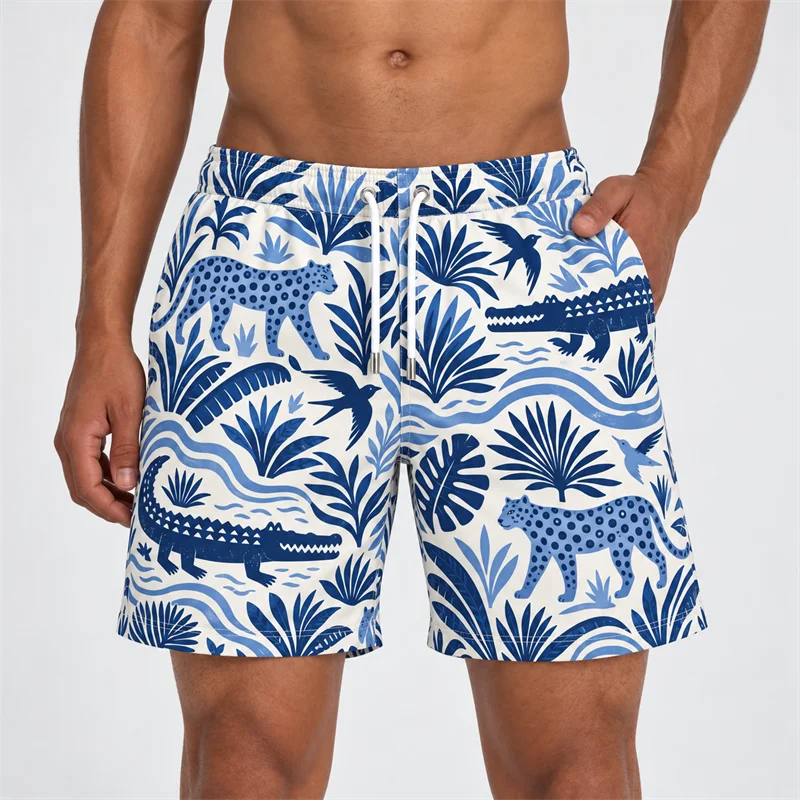 Men's Tropical Jungle Animal Print Shorts Summer Casual Drawstring Elastic Waist Beach Vacation Shorts with Pockets